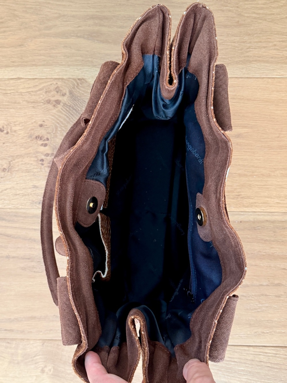Longobardi Italian Brown Snake Embossed Leather Suede Bow Tote Bag Expandable - Picture 11 of 16